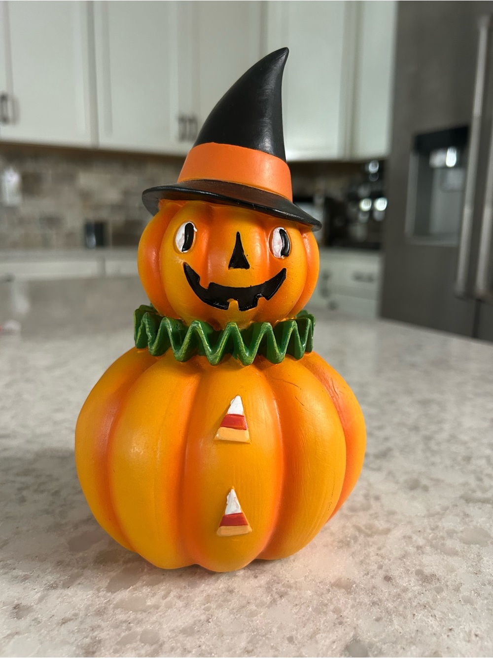 “New” Ghoulish Festive Orange Pumpkin Stack Figurine with Black Witch Hat